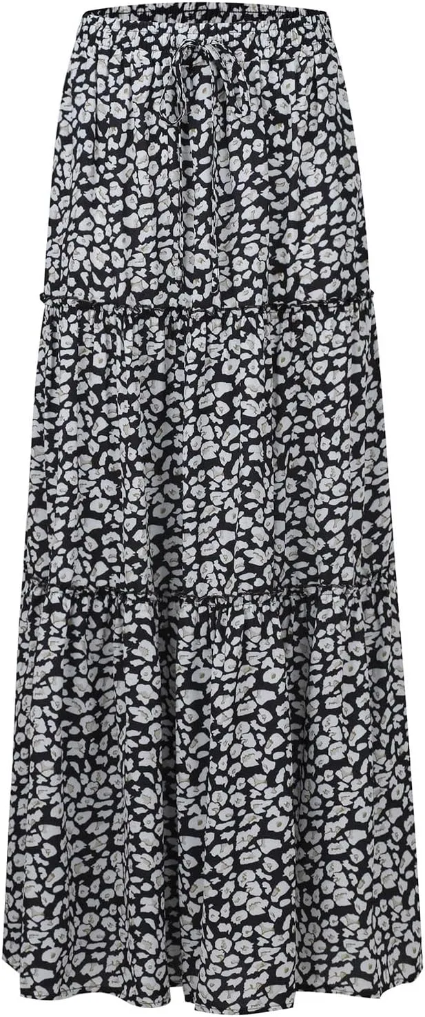Boho Maxi Skirts for Women 2025 Ruffle Tiered Pleated Long Flowy Skirts Elastic High Waisted Swing Summer Beach Skirt