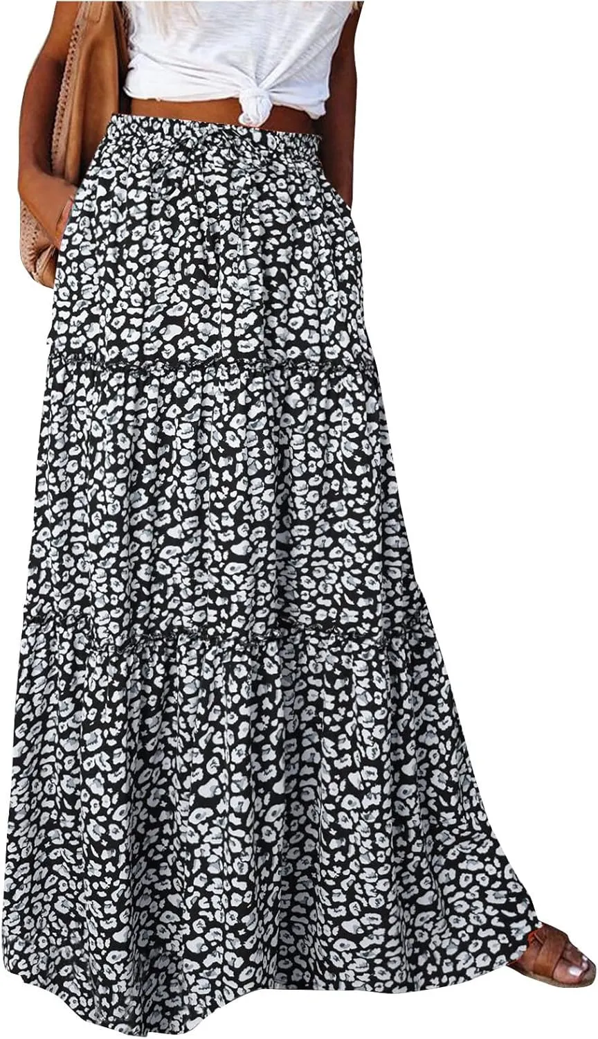 Boho Maxi Skirts for Women 2025 Ruffle Tiered Pleated Long Flowy Skirts Elastic High Waisted Swing Summer Beach Skirt