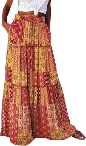 Boho Maxi Skirts for Women 2025 Ruffle Tiered Pleated Long Flowy Skirts Elastic High Waisted Swing Summer Beach Skirt