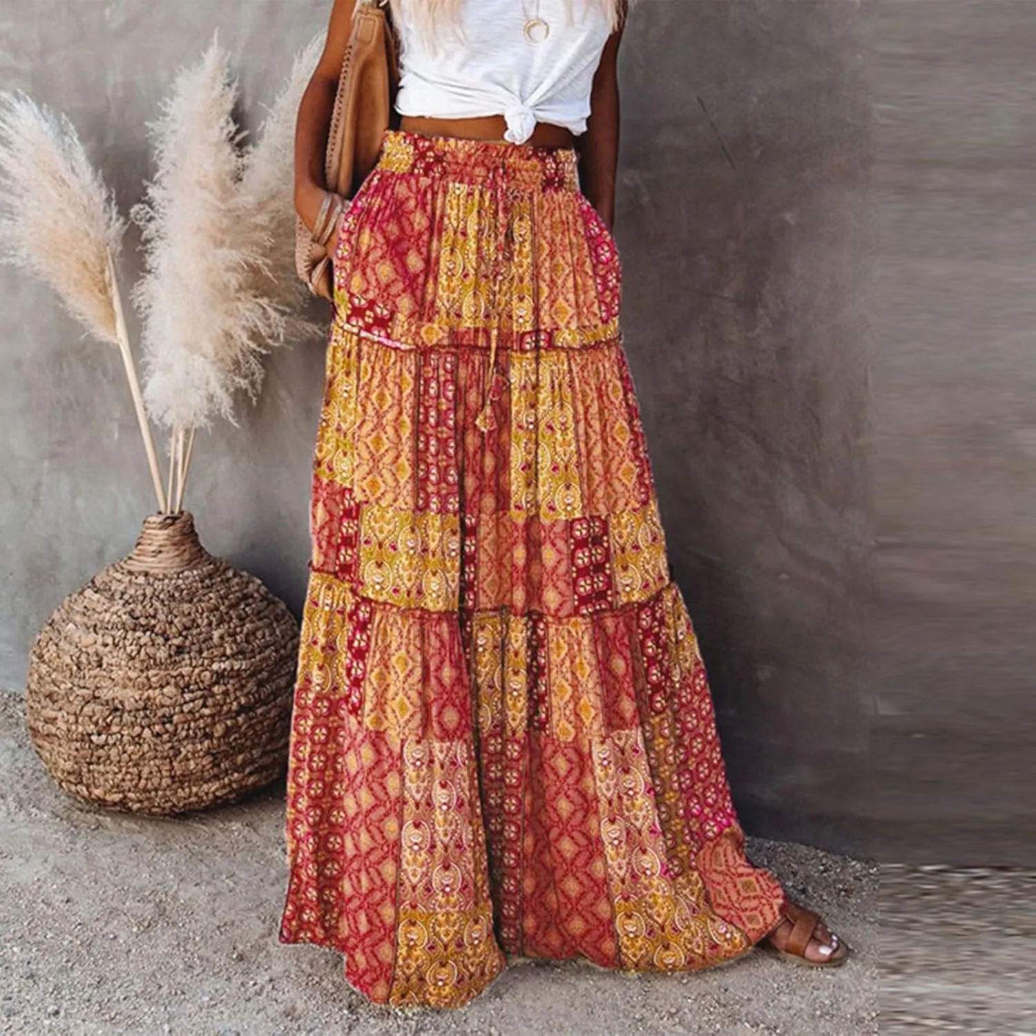 Boho Maxi Skirts for Women 2025 Ruffle Tiered Pleated Long Flowy Skirts Elastic High Waisted Swing Summer Beach Skirt
