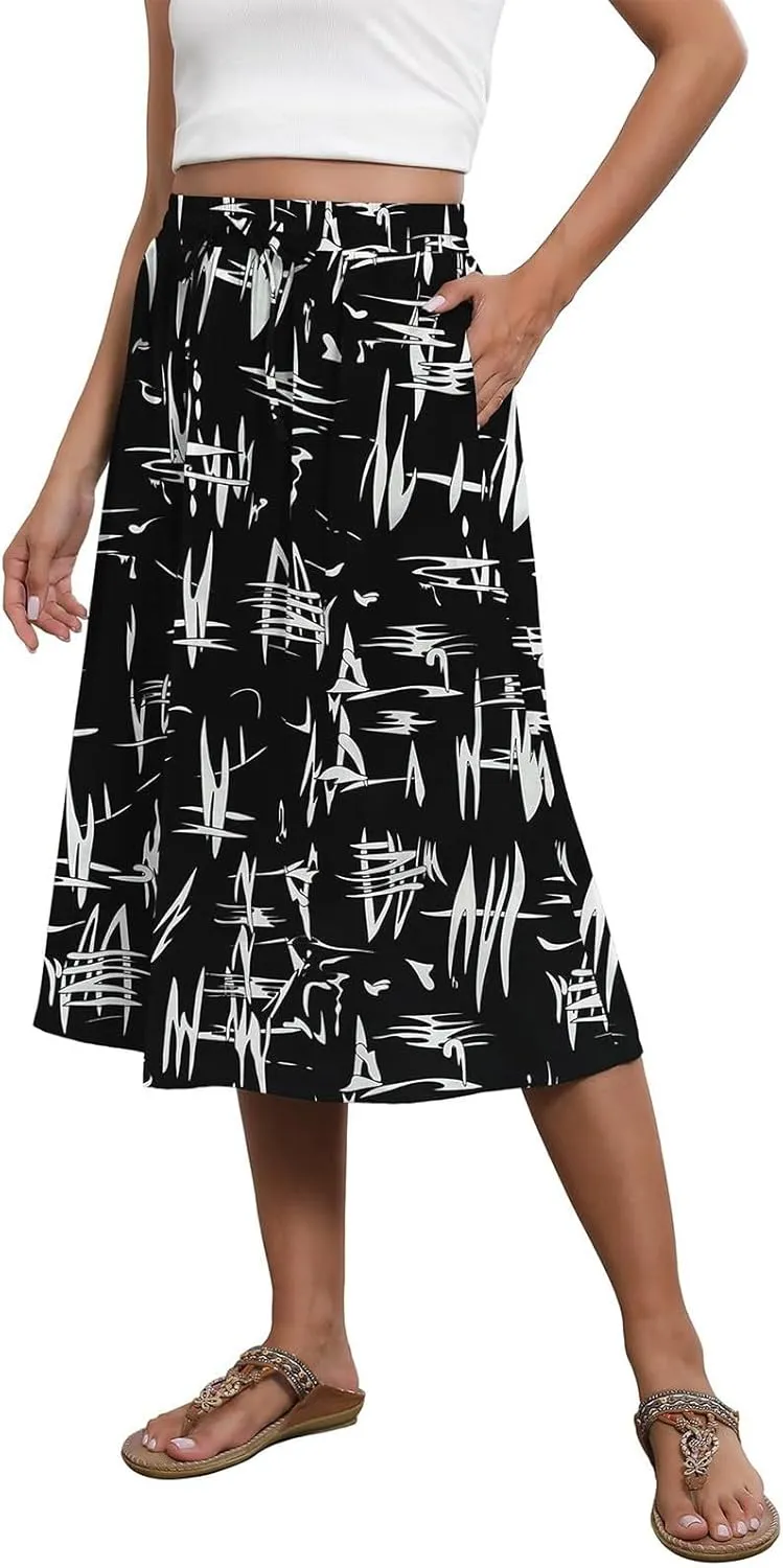 Boho Midi Skirts for Women Summer Drawstring High Waisted Skirt Knee Length A-Line Loose Skirts for Work with Pockets