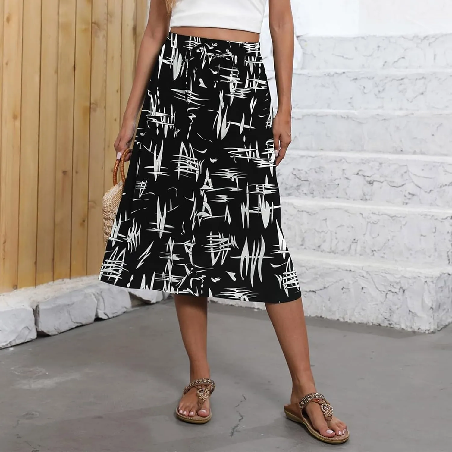 Boho Midi Skirts for Women Summer Drawstring High Waisted Skirt Knee Length A-Line Loose Skirts for Work with Pockets