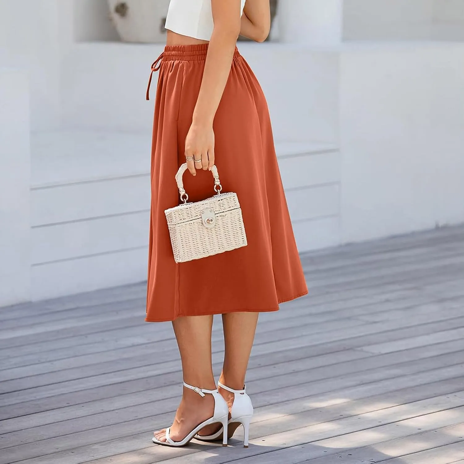 Boho Midi Skirts for Women Summer Drawstring High Waisted Skirt Knee Length A-Line Loose Skirts for Work with Pockets