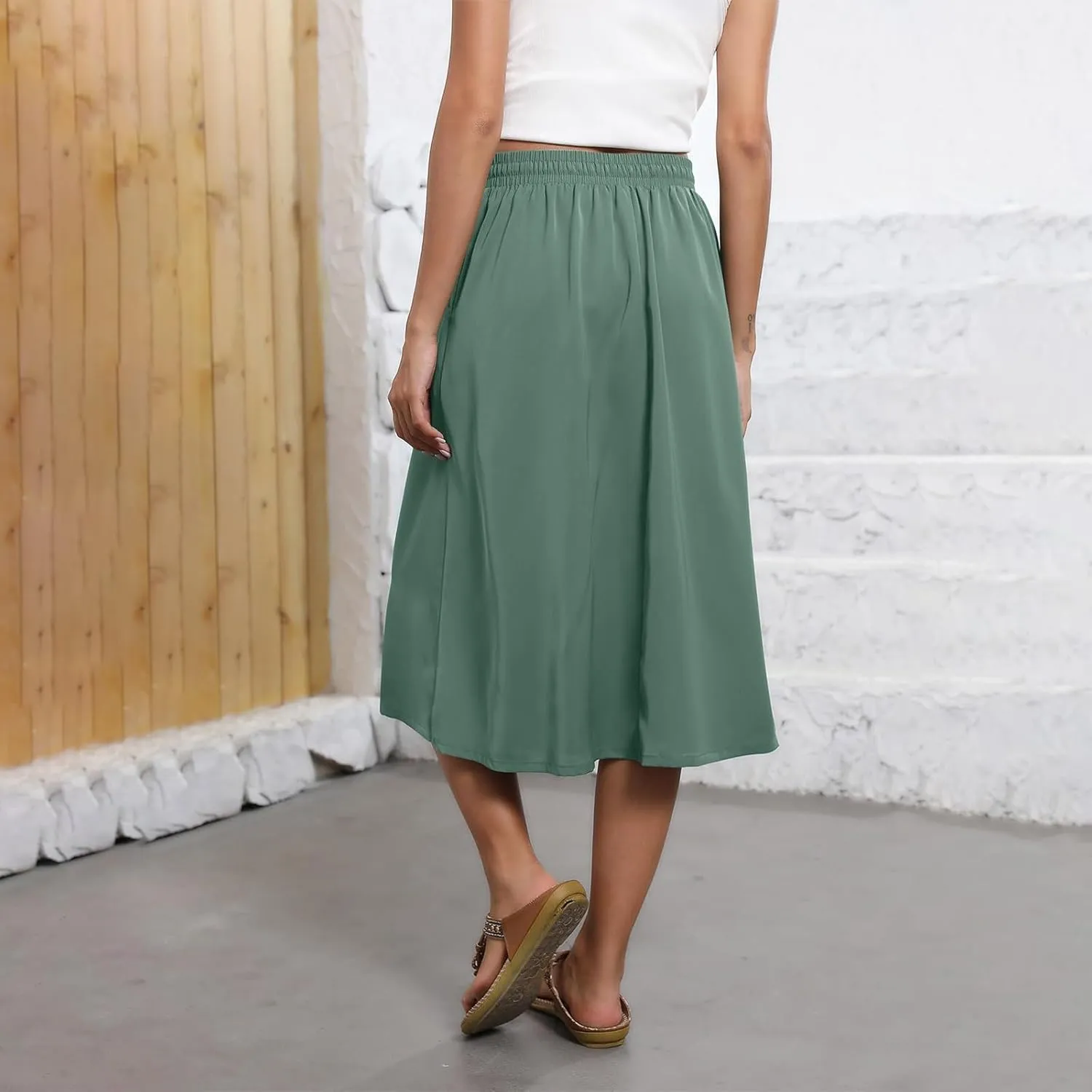 Boho Midi Skirts for Women Summer Drawstring High Waisted Skirt Knee Length A-Line Loose Skirts for Work with Pockets
