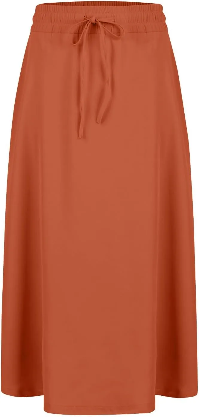 Boho Midi Skirts for Women Summer Drawstring High Waisted Skirt Knee Length A-Line Loose Skirts for Work with Pockets