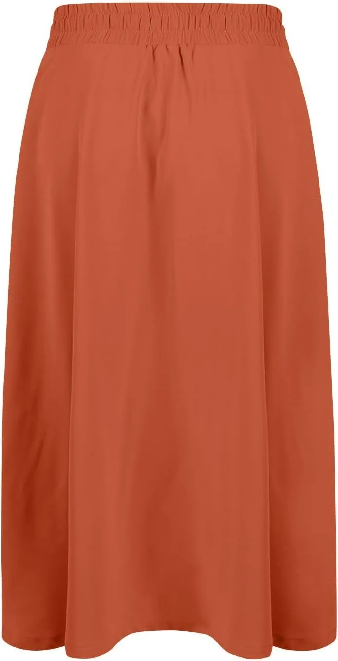 Boho Midi Skirts for Women Summer Drawstring High Waisted Skirt Knee Length A-Line Loose Skirts for Work with Pockets