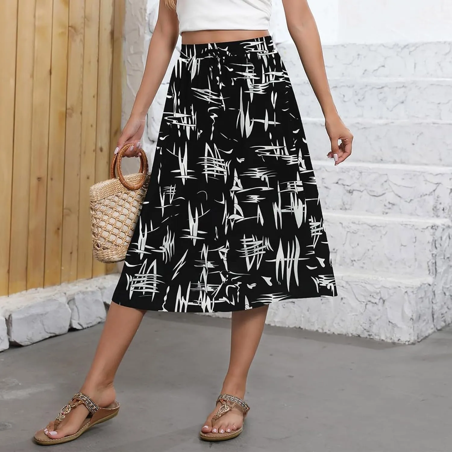 Boho Midi Skirts for Women Summer Drawstring High Waisted Skirt Knee Length A-Line Loose Skirts for Work with Pockets