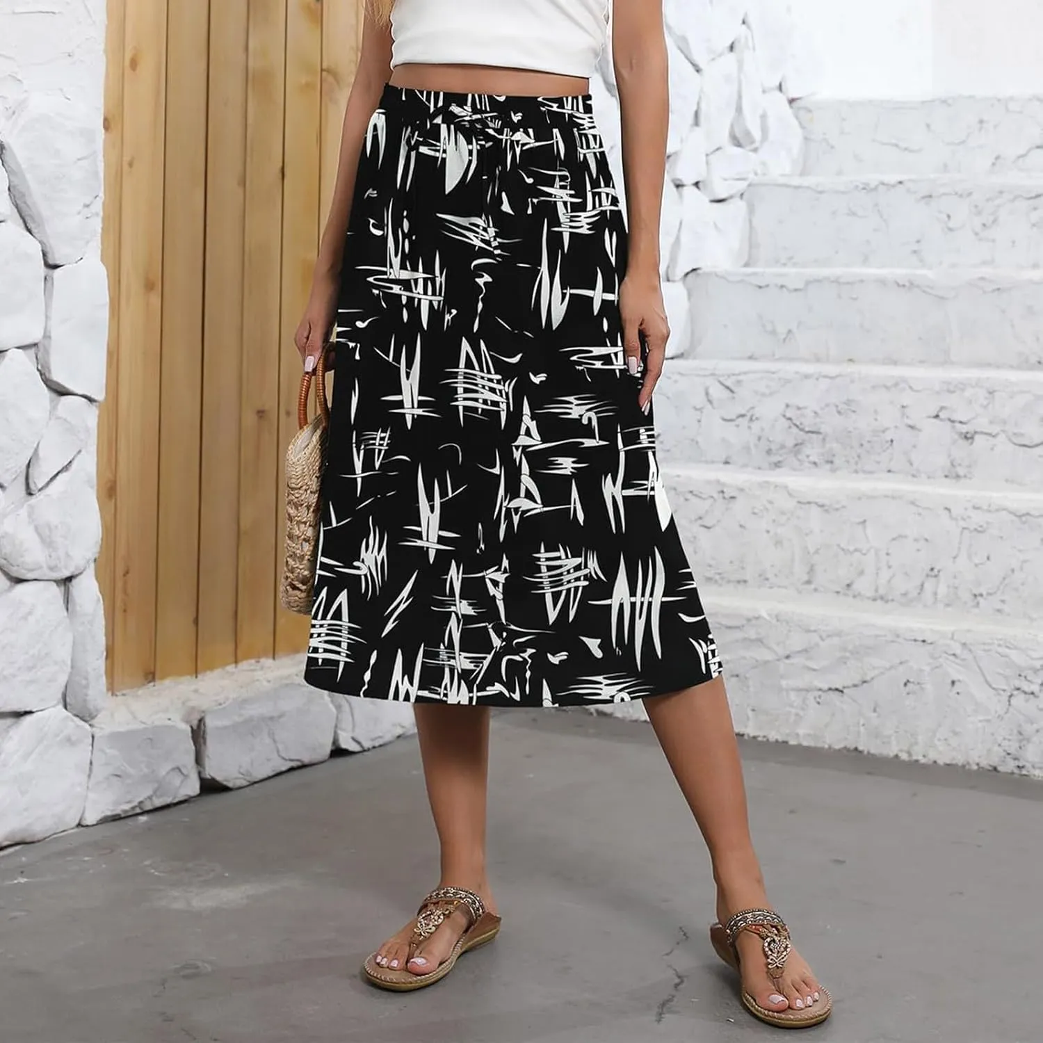 Boho Midi Skirts for Women Summer Drawstring High Waisted Skirt Knee Length A-Line Loose Skirts for Work with Pockets