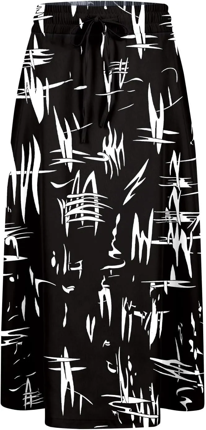Boho Midi Skirts for Women Summer Drawstring High Waisted Skirt Knee Length A-Line Loose Skirts for Work with Pockets