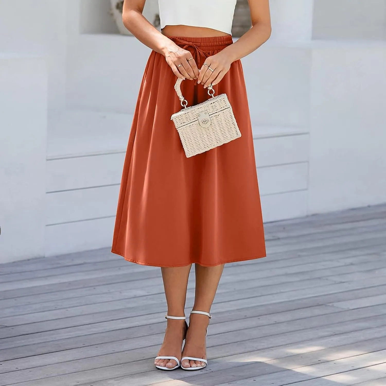Boho Midi Skirts for Women Summer Drawstring High Waisted Skirt Knee Length A-Line Loose Skirts for Work with Pockets
