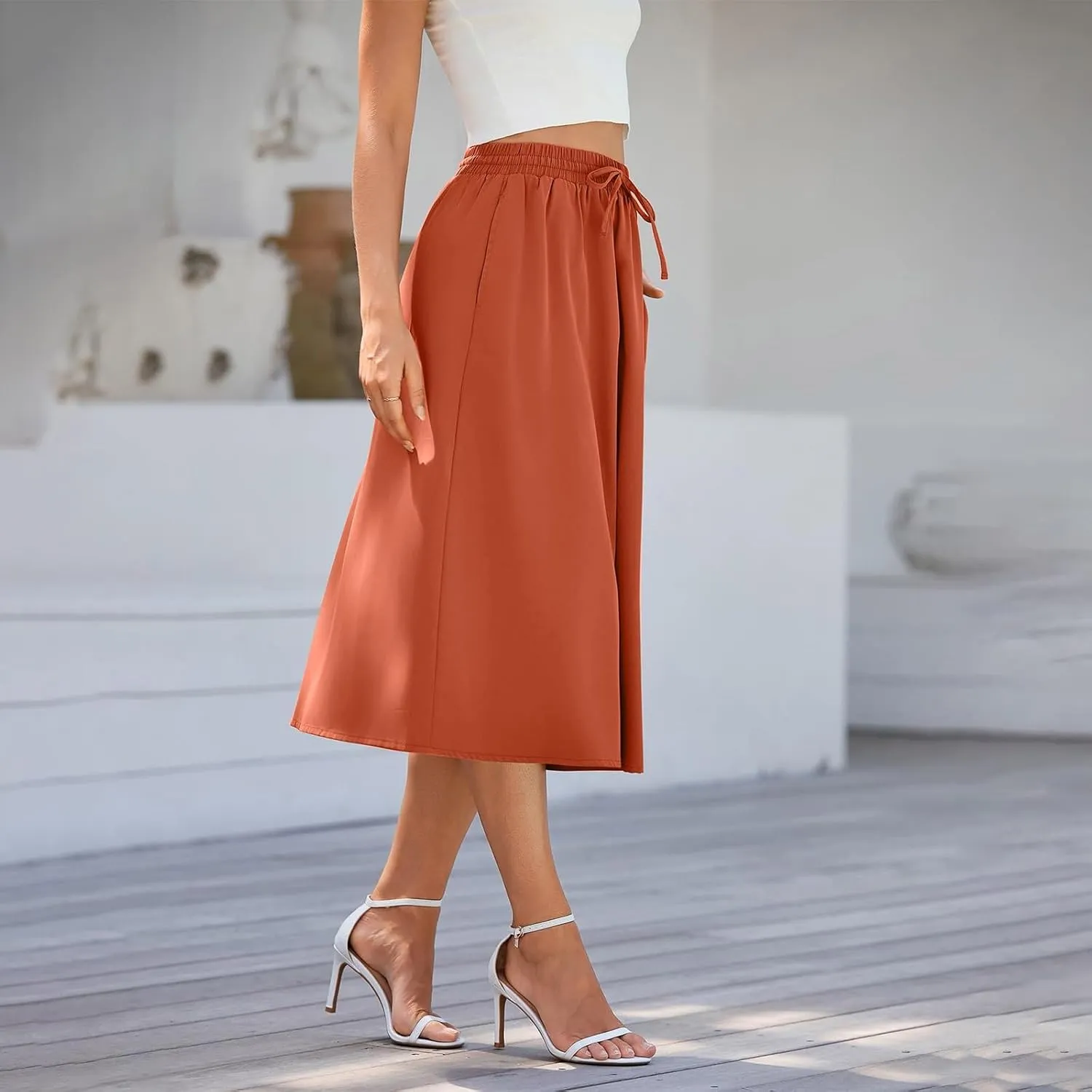 Boho Midi Skirts for Women Summer Drawstring High Waisted Skirt Knee Length A-Line Loose Skirts for Work with Pockets