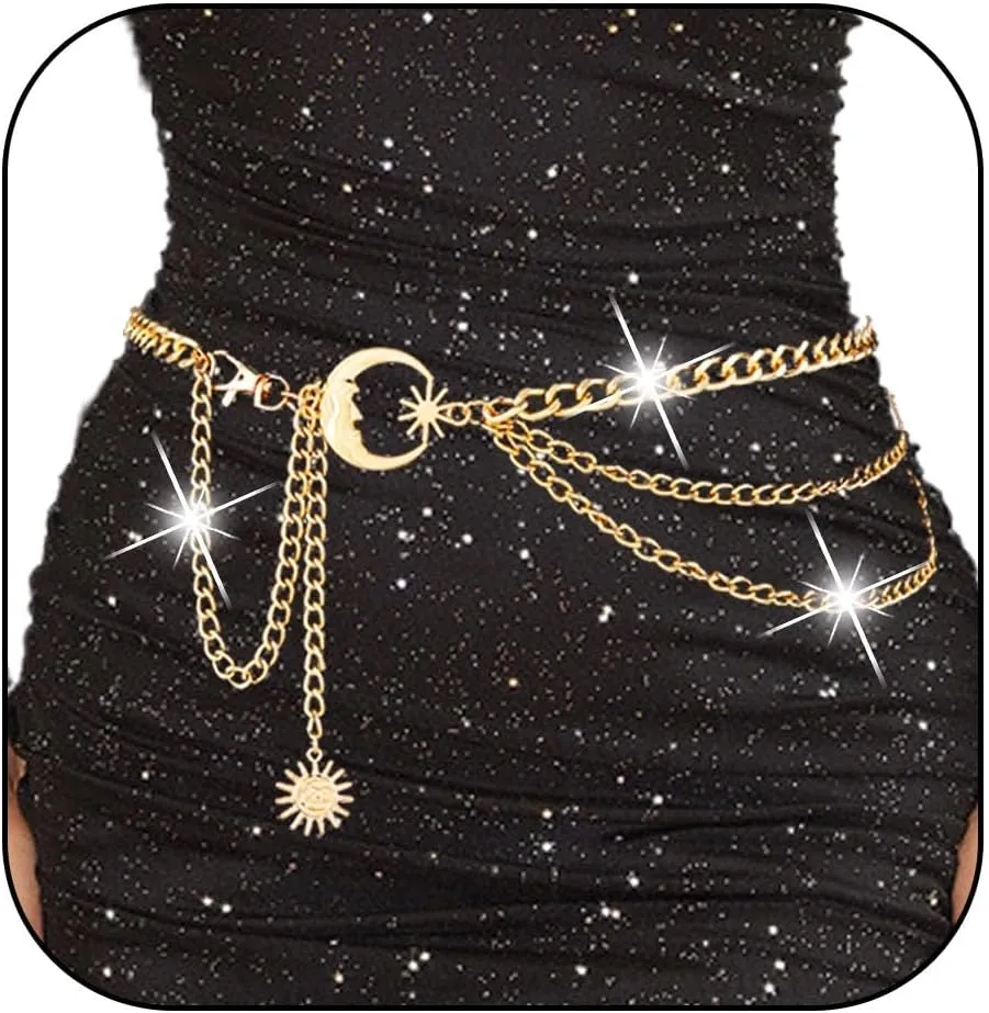 Boho Moon Body Chains Gold Layered Waist Chains Sun Pendant Belly Chain Beach Bikini Body Jewelry Rave Nightclub Party Body Accessories for Women