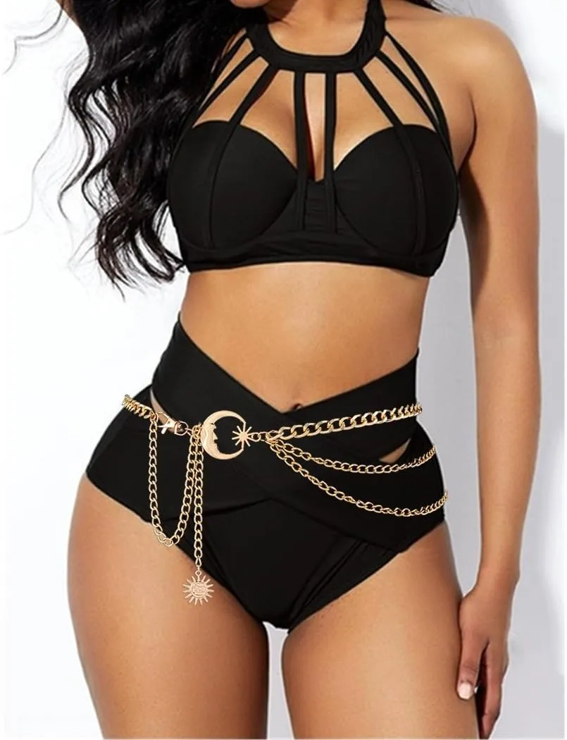 Boho Moon Body Chains Gold Layered Waist Chains Sun Pendant Belly Chain Beach Bikini Body Jewelry Rave Nightclub Party Body Accessories for Women