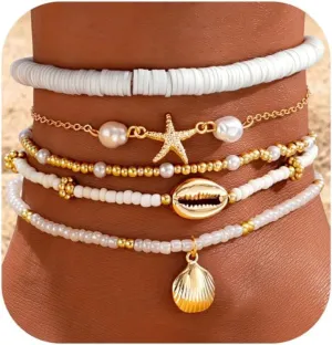 Boho Shell Ankle Bracelet Set for Women, 5 Pairs 14K Boho Bead Handmade Adjustable Anklet, Hawaiian Beach Seashell Starfish Foot Jewelry Gifts