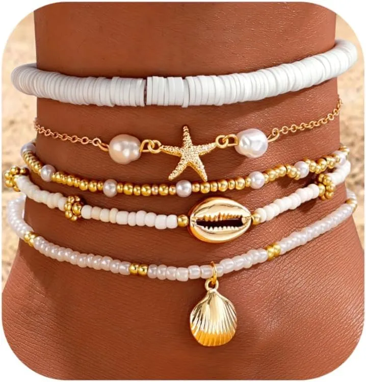 Boho Shell Ankle Bracelet Set for Women, 5 Pairs 14K Boho Bead Handmade Adjustable Anklet, Hawaiian Beach Seashell Starfish Foot Jewelry Gifts