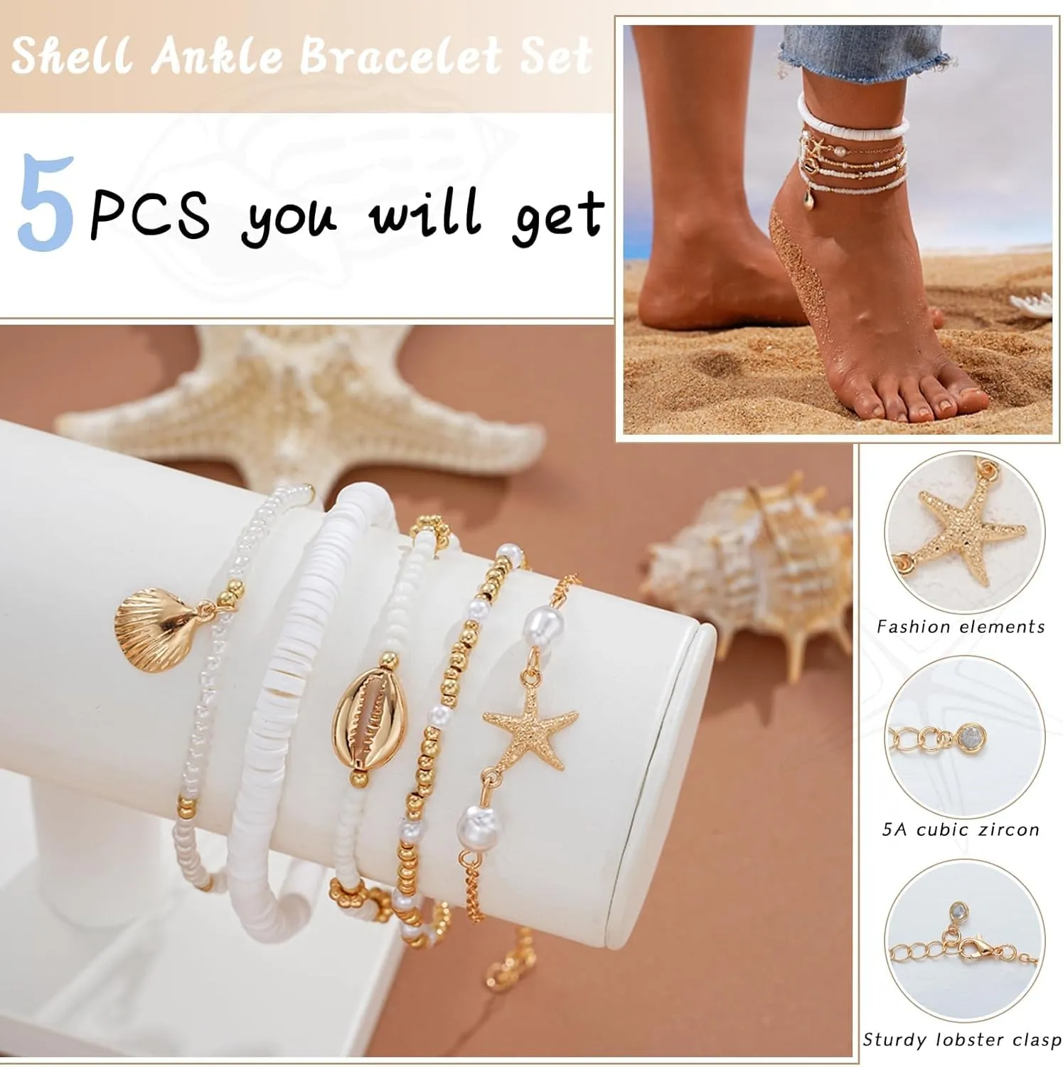 Boho Shell Ankle Bracelet Set for Women, 5 Pairs 14K Boho Bead Handmade Adjustable Anklet, Hawaiian Beach Seashell Starfish Foot Jewelry Gifts