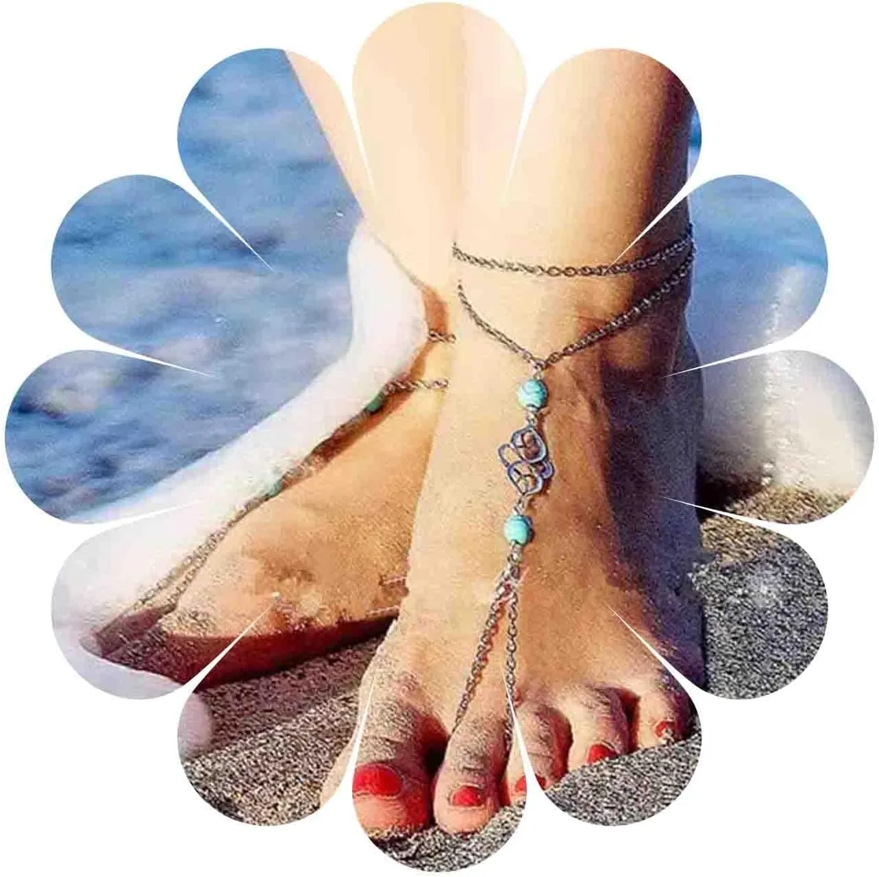 Boho Turquoise Ring Toe Anklet Silver Ankle Bracelet Vintage Knot Anklets Summer Silver Barefoot Sandals Chain Beach Foot Chain Jewelry for Women