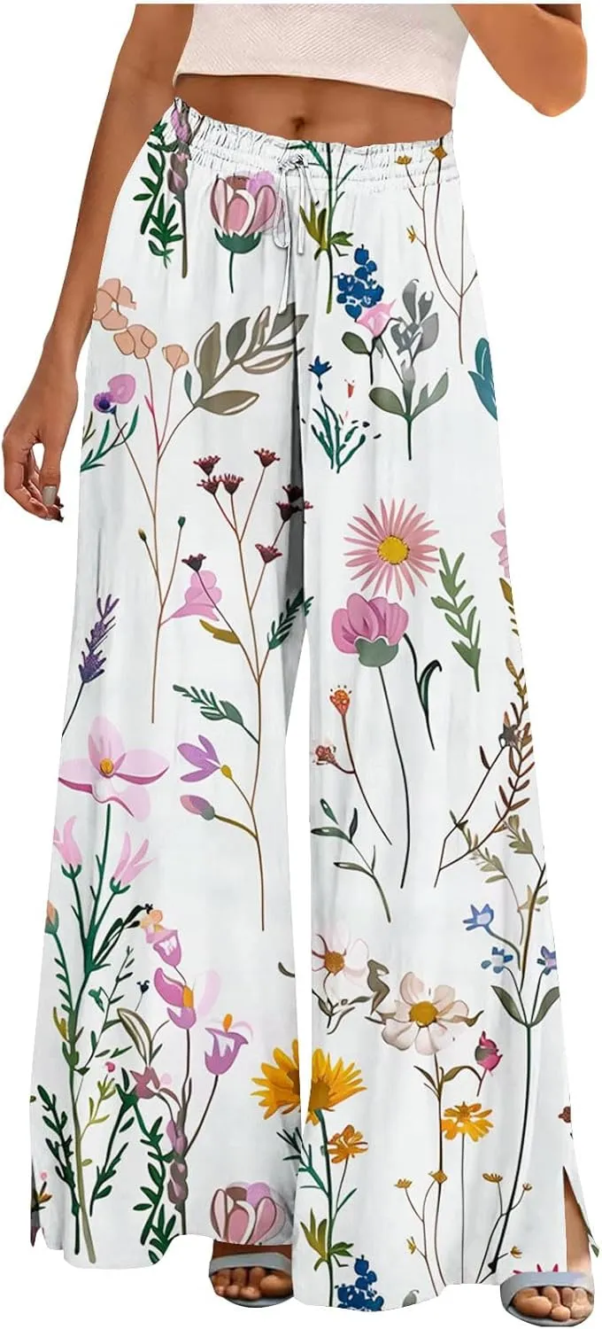 Boho Wide Leg Pant Women Vintage Floral Printed Culottes Casual Summer High Waisted Flowy Lounge Beach Palazzo Trouser