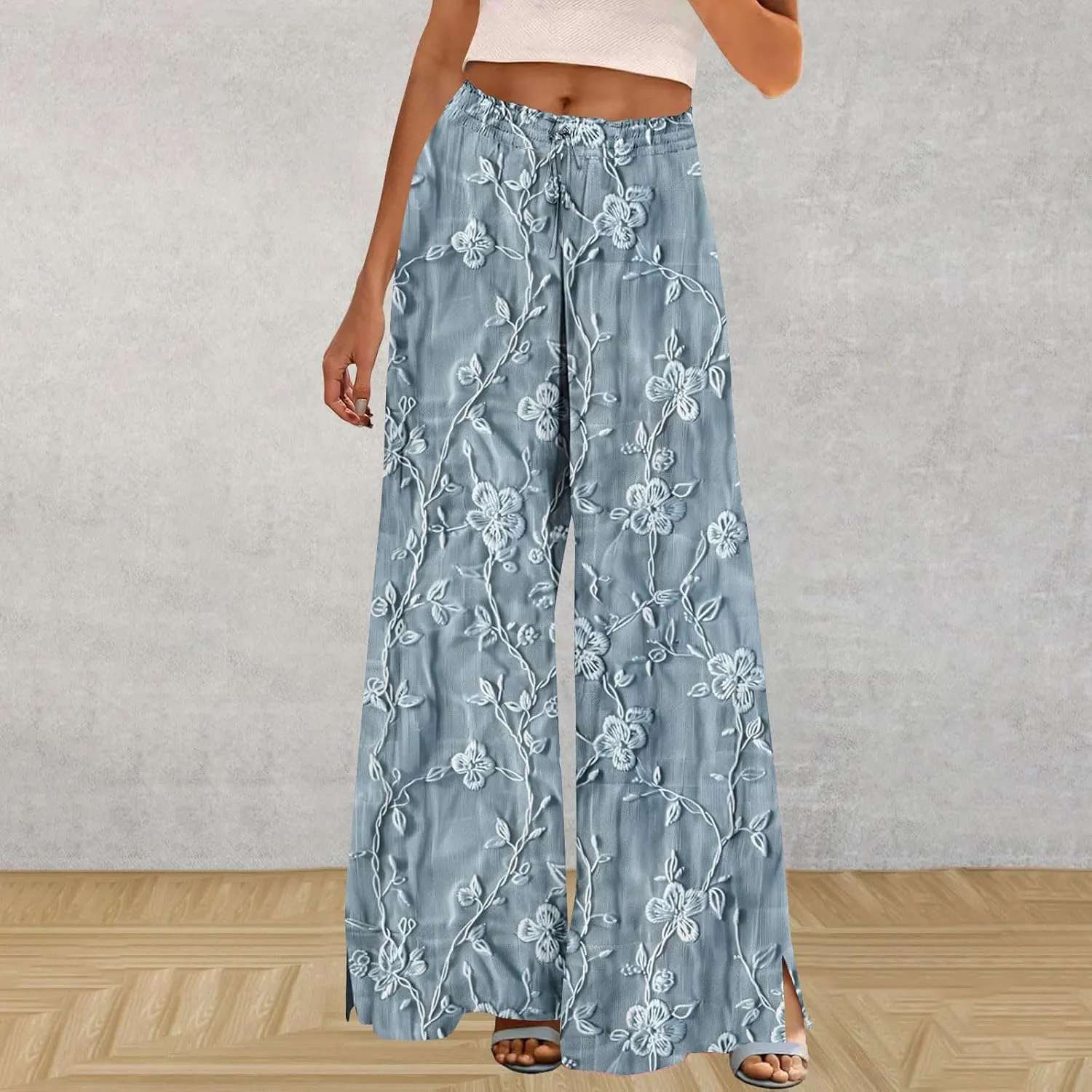 Boho Wide Leg Pant Women Vintage Floral Printed Culottes Casual Summer High Waisted Flowy Lounge Beach Palazzo Trouser