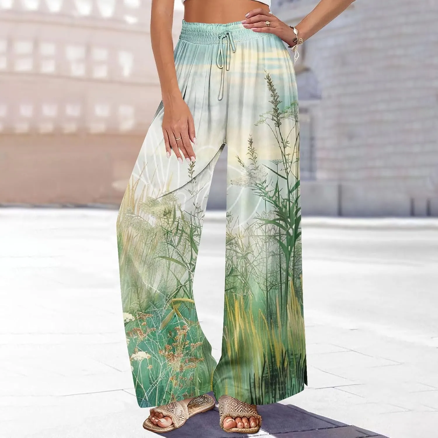 Boho Wide Leg Pant Women Vintage Floral Printed Culottes Casual Summer High Waisted Flowy Lounge Beach Palazzo Trouser