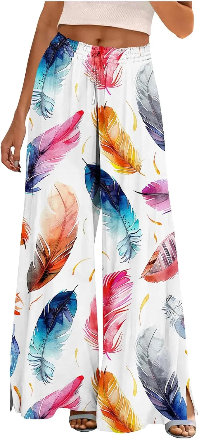 Boho Wide Leg Pant Women Vintage Floral Printed Culottes Casual Summer High Waisted Flowy Lounge Beach Palazzo Trouser