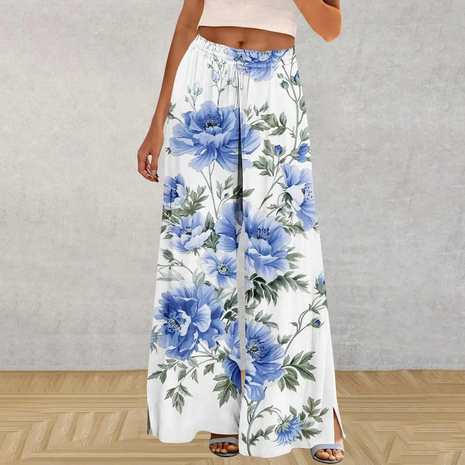 Boho Wide Leg Pant Women Vintage Floral Printed Culottes Casual Summer High Waisted Flowy Lounge Beach Palazzo Trouser