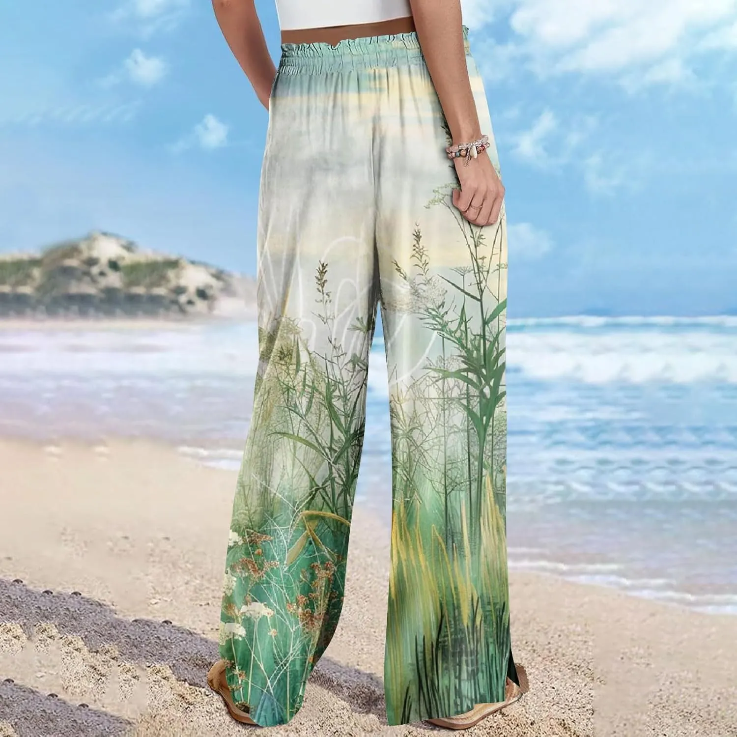 Boho Wide Leg Pant Women Vintage Floral Printed Culottes Casual Summer High Waisted Flowy Lounge Beach Palazzo Trouser