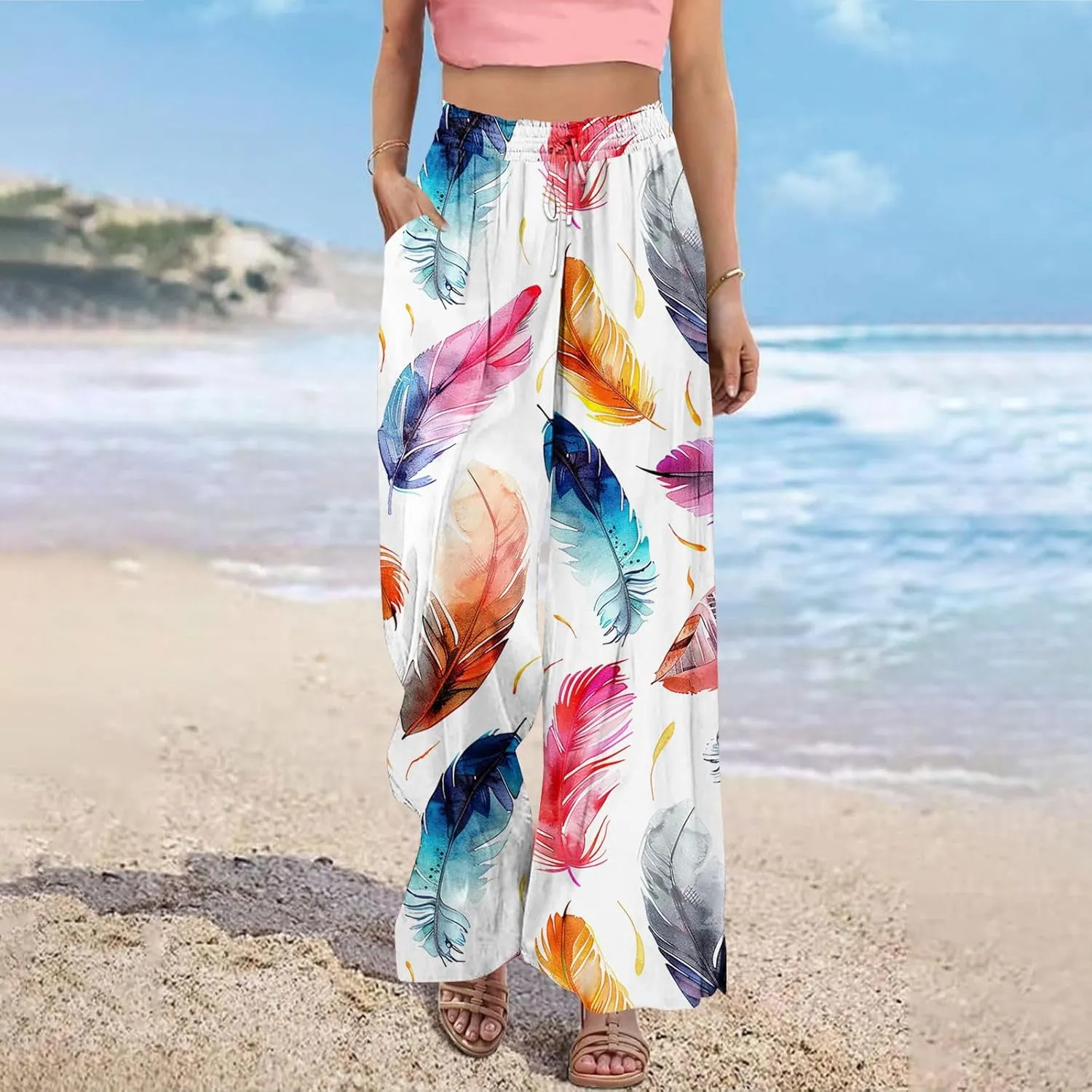 Boho Wide Leg Pant Women Vintage Floral Printed Culottes Casual Summer High Waisted Flowy Lounge Beach Palazzo Trouser