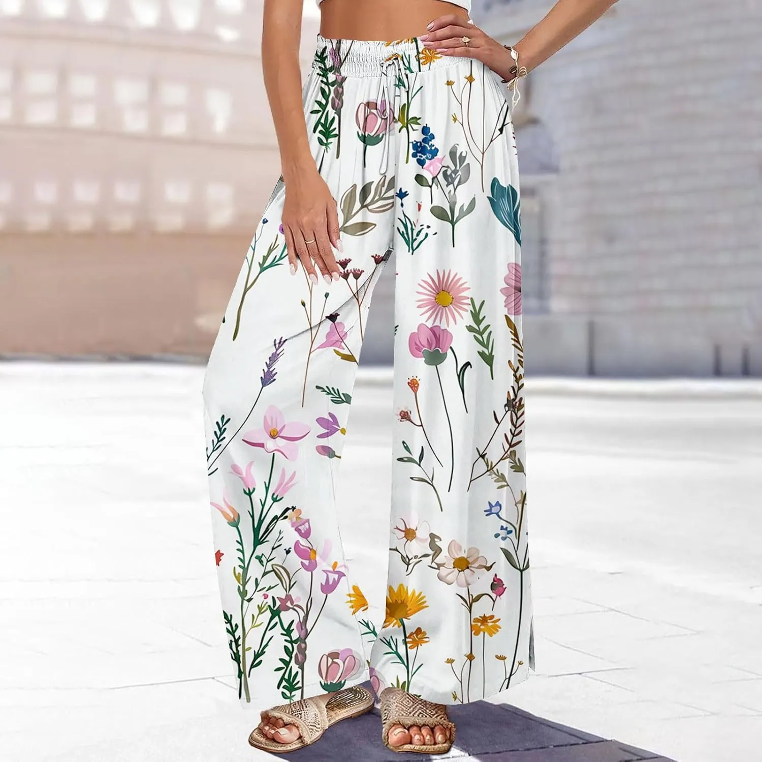 Boho Wide Leg Pant Women Vintage Floral Printed Culottes Casual Summer High Waisted Flowy Lounge Beach Palazzo Trouser