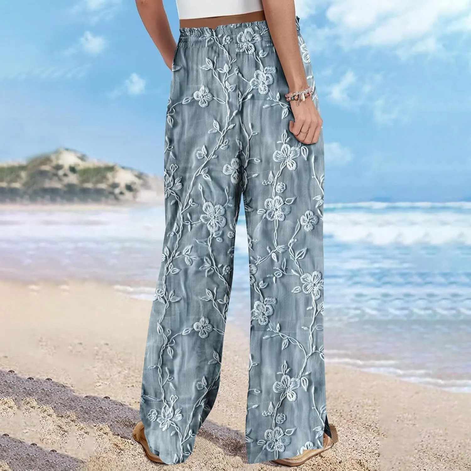 Boho Wide Leg Pant Women Vintage Floral Printed Culottes Casual Summer High Waisted Flowy Lounge Beach Palazzo Trouser