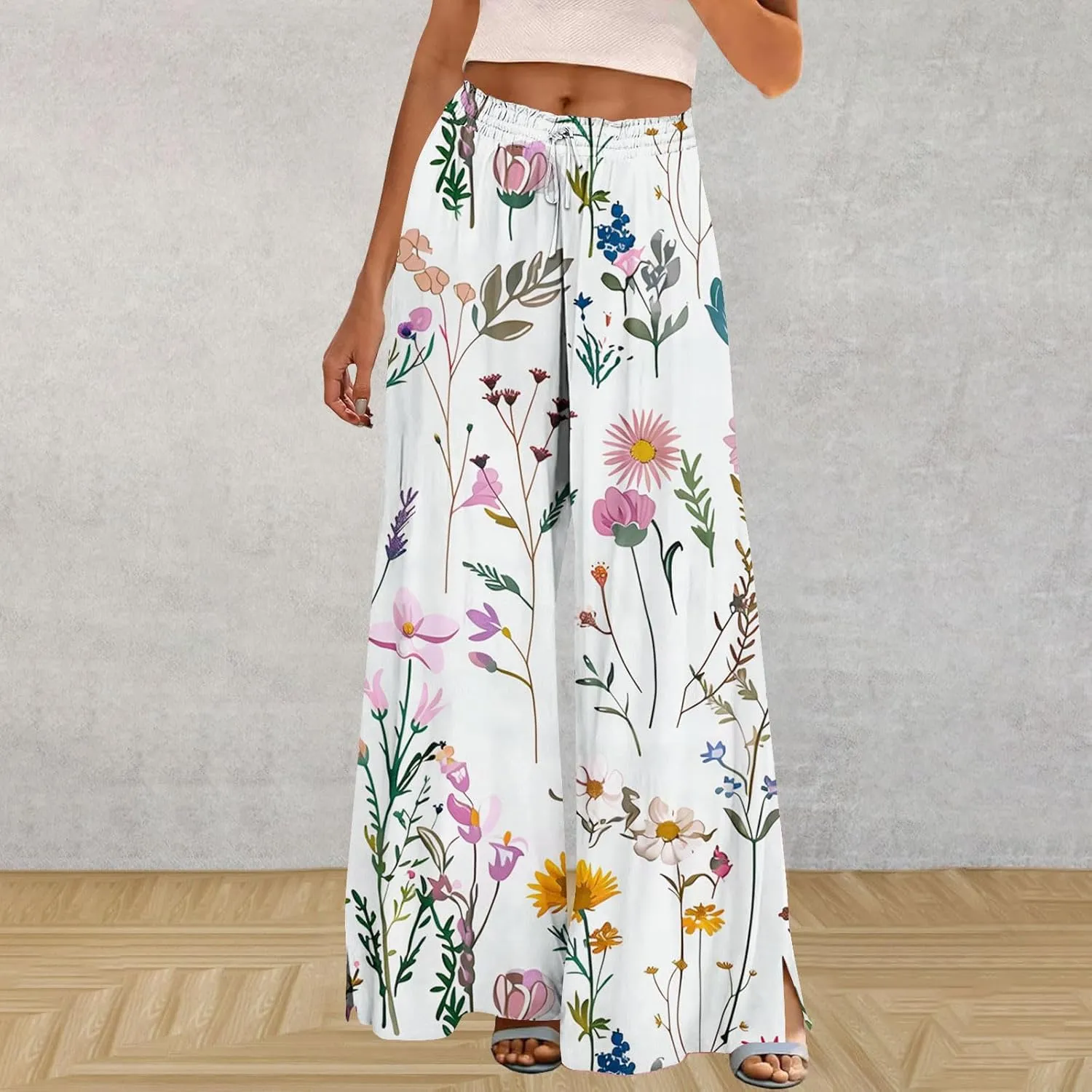 Boho Wide Leg Pant Women Vintage Floral Printed Culottes Casual Summer High Waisted Flowy Lounge Beach Palazzo Trouser
