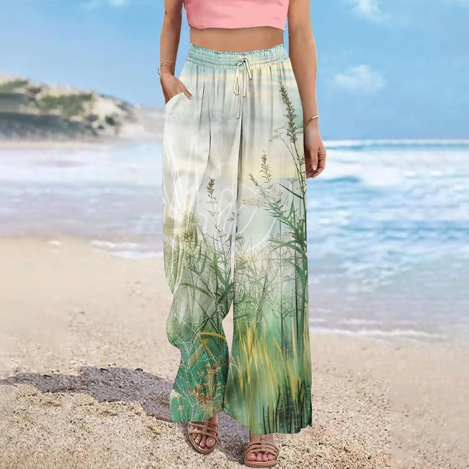 Boho Wide Leg Pant Women Vintage Floral Printed Culottes Casual Summer High Waisted Flowy Lounge Beach Palazzo Trouser