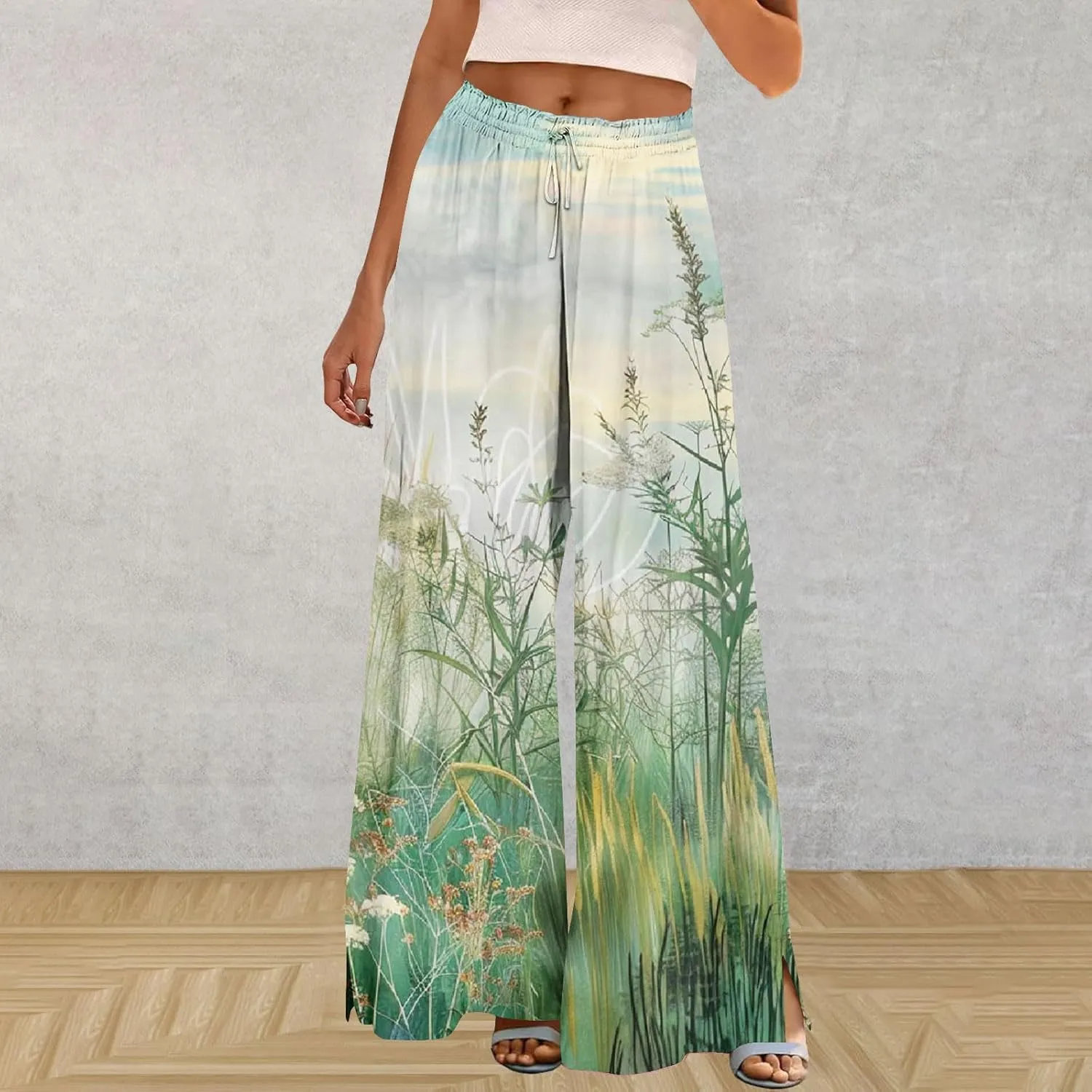 Boho Wide Leg Pant Women Vintage Floral Printed Culottes Casual Summer High Waisted Flowy Lounge Beach Palazzo Trouser