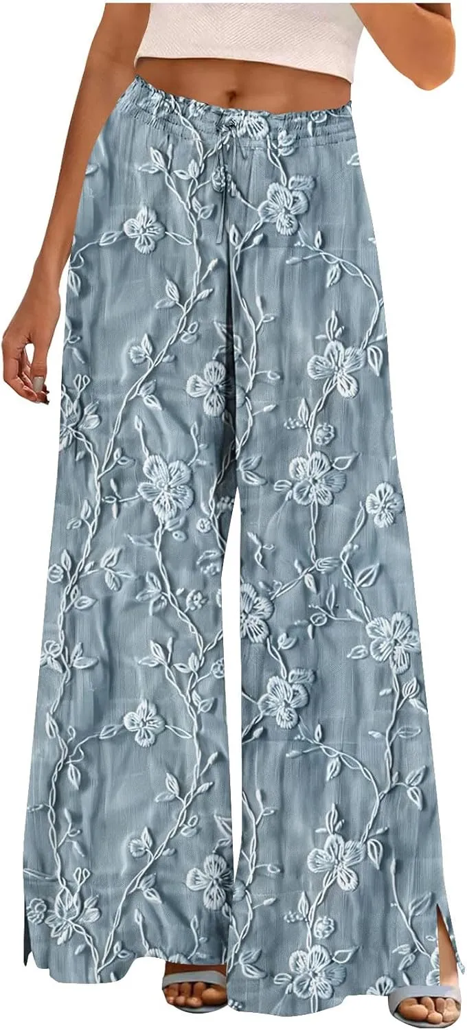 Boho Wide Leg Pant Women Vintage Floral Printed Culottes Casual Summer High Waisted Flowy Lounge Beach Palazzo Trouser