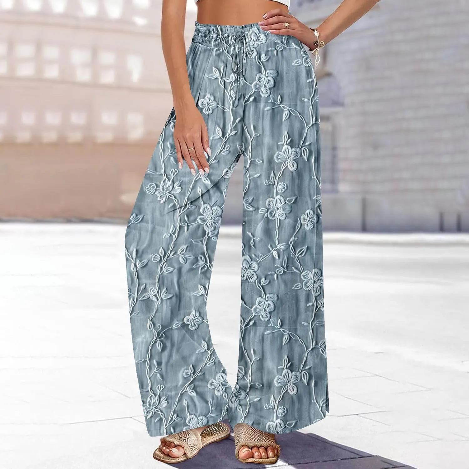 Boho Wide Leg Pant Women Vintage Floral Printed Culottes Casual Summer High Waisted Flowy Lounge Beach Palazzo Trouser