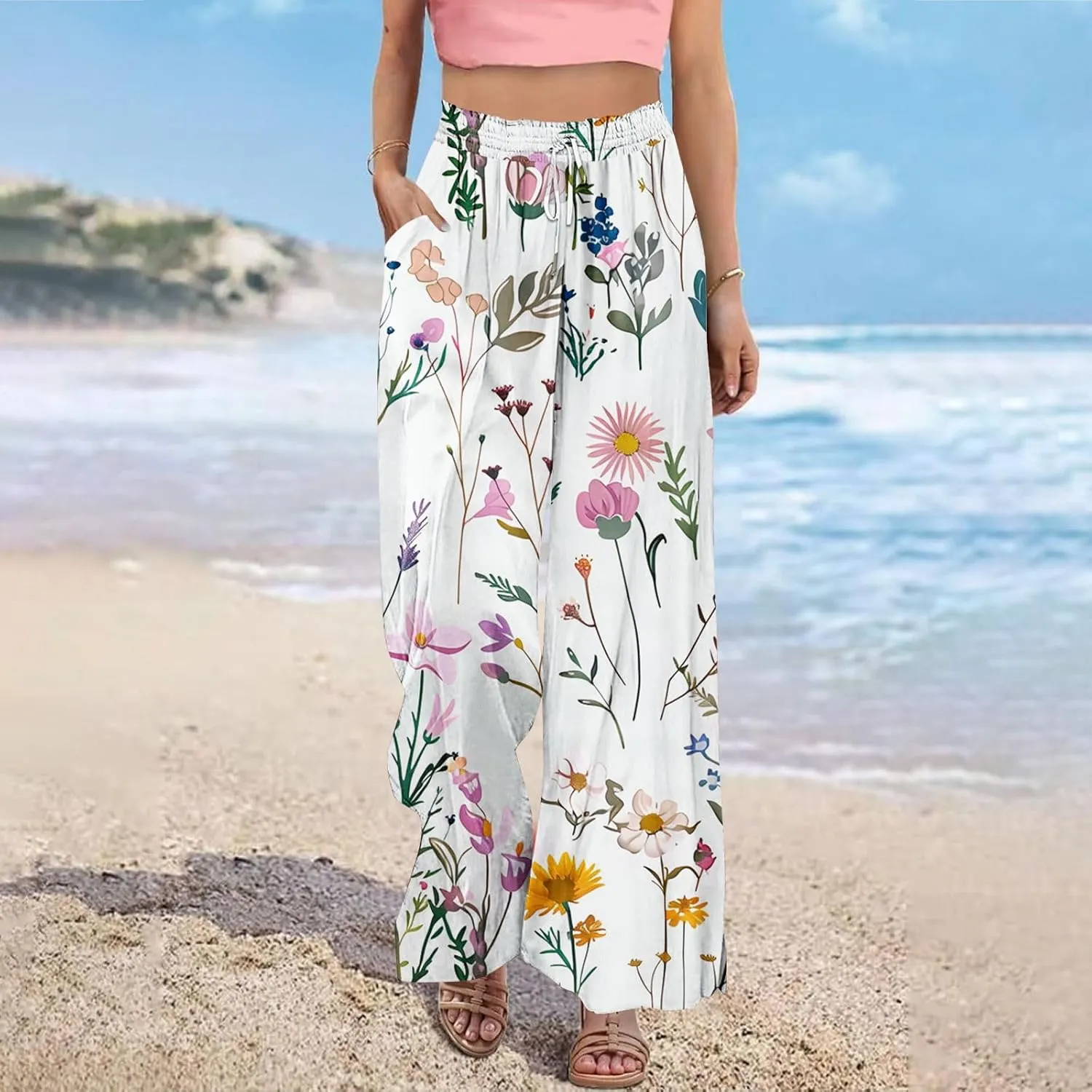 Boho Wide Leg Pant Women Vintage Floral Printed Culottes Casual Summer High Waisted Flowy Lounge Beach Palazzo Trouser