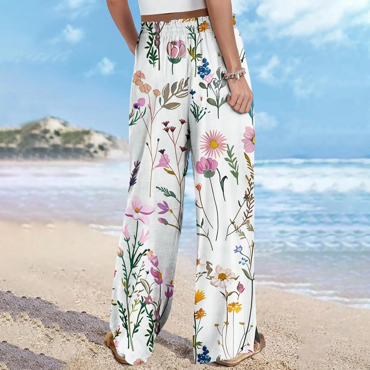 Boho Wide Leg Pant Women Vintage Floral Printed Culottes Casual Summer High Waisted Flowy Lounge Beach Palazzo Trouser
