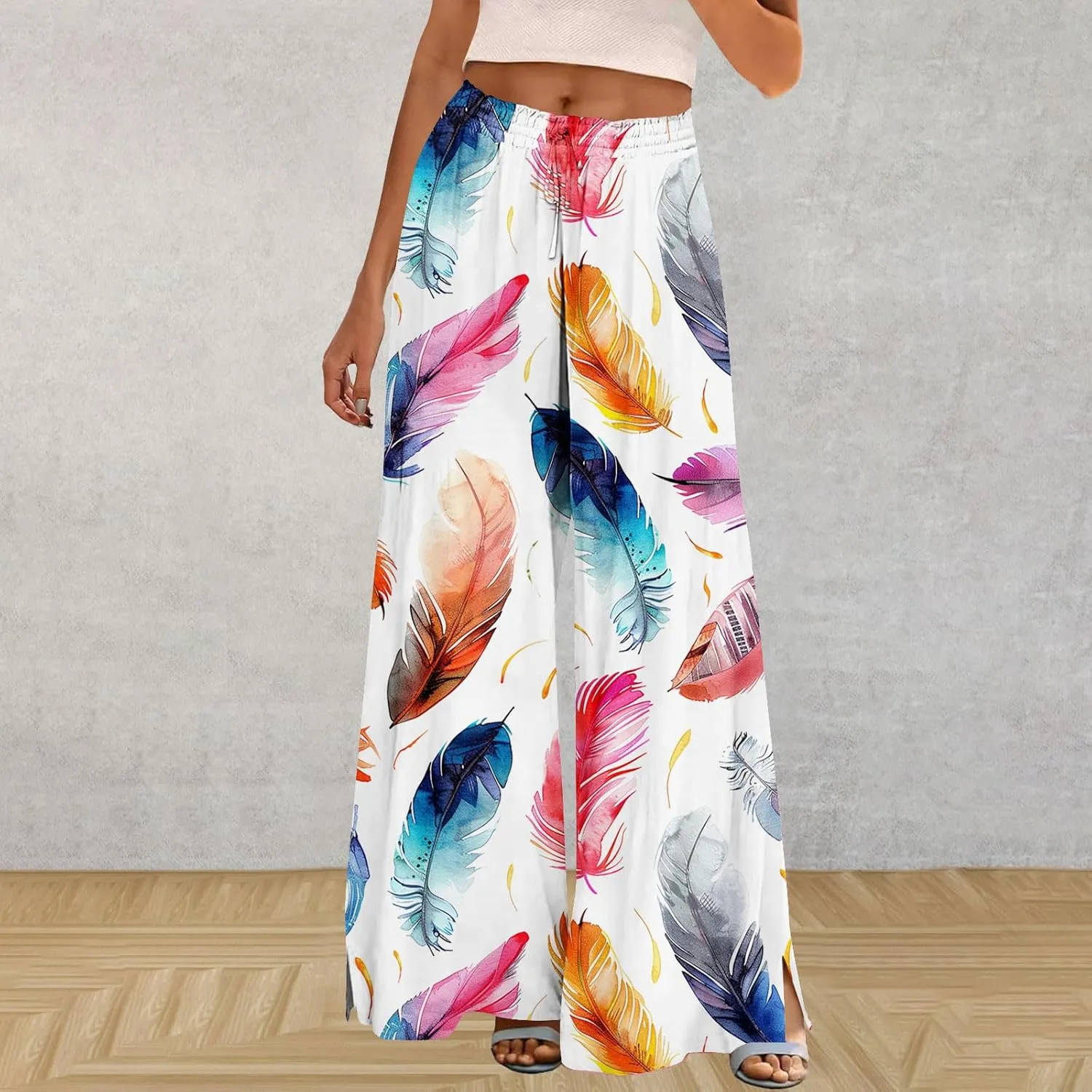 Boho Wide Leg Pant Women Vintage Floral Printed Culottes Casual Summer High Waisted Flowy Lounge Beach Palazzo Trouser