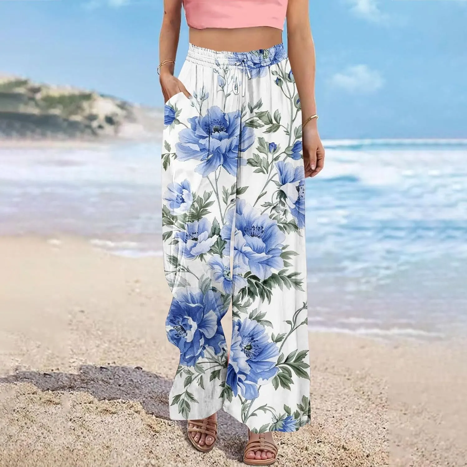 Boho Wide Leg Pant Women Vintage Floral Printed Culottes Casual Summer High Waisted Flowy Lounge Beach Palazzo Trouser