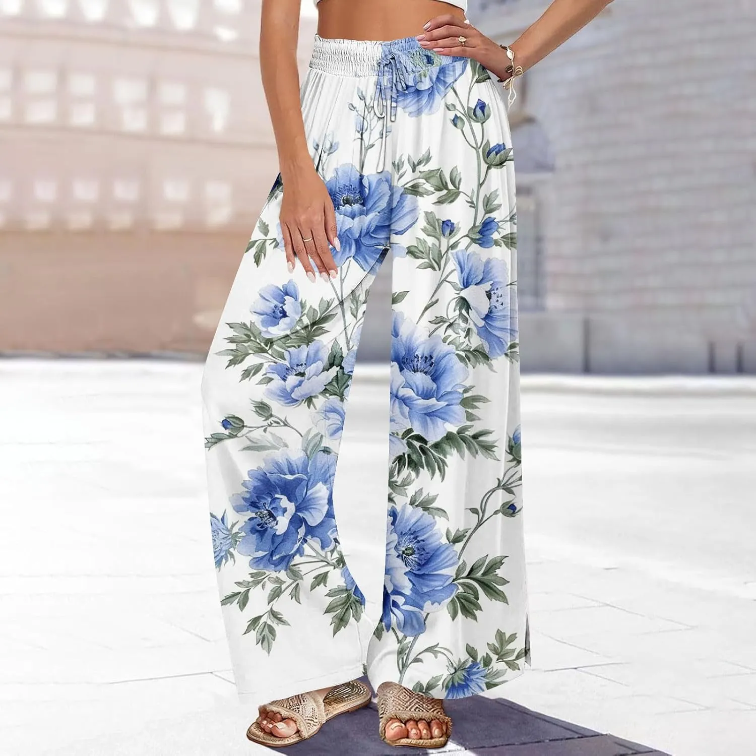 Boho Wide Leg Pant Women Vintage Floral Printed Culottes Casual Summer High Waisted Flowy Lounge Beach Palazzo Trouser