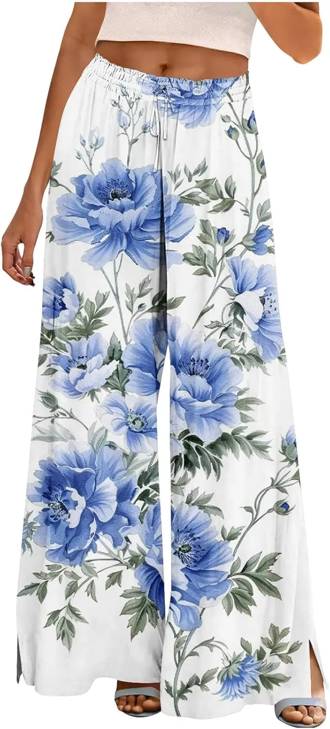 Boho Wide Leg Pant Women Vintage Floral Printed Culottes Casual Summer High Waisted Flowy Lounge Beach Palazzo Trouser