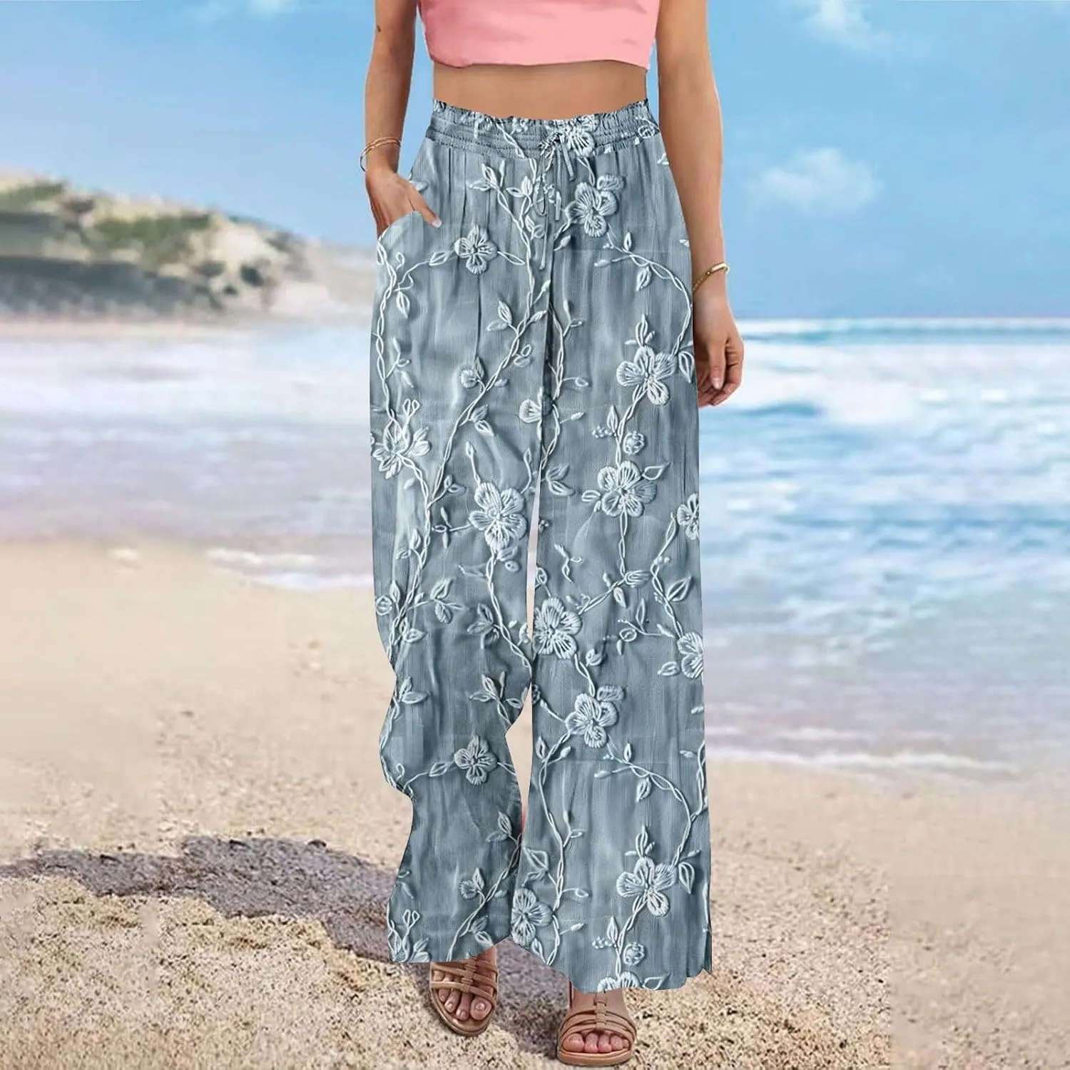 Boho Wide Leg Pant Women Vintage Floral Printed Culottes Casual Summer High Waisted Flowy Lounge Beach Palazzo Trouser
