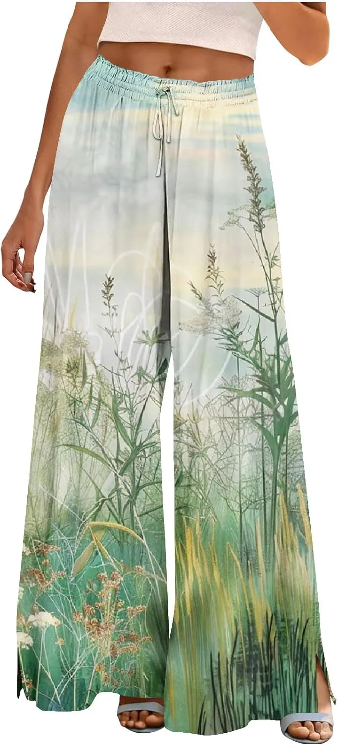 Boho Wide Leg Pant Women Vintage Floral Printed Culottes Casual Summer High Waisted Flowy Lounge Beach Palazzo Trouser