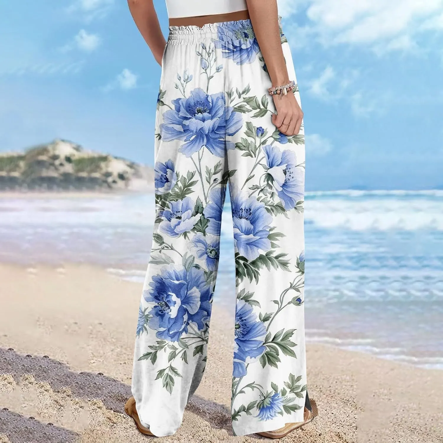 Boho Wide Leg Pant Women Vintage Floral Printed Culottes Casual Summer High Waisted Flowy Lounge Beach Palazzo Trouser