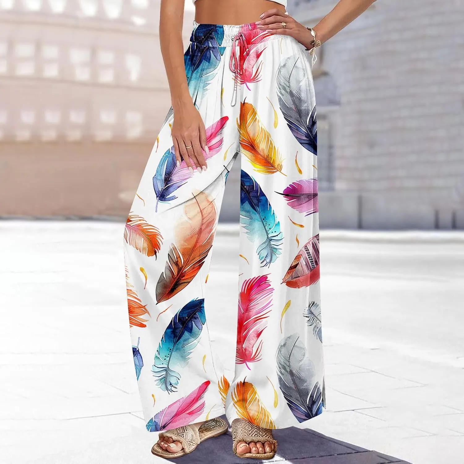 Boho Wide Leg Pant Women Vintage Floral Printed Culottes Casual Summer High Waisted Flowy Lounge Beach Palazzo Trouser