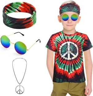 Boys Hippie Costume 60S 70s Colorful Tie Dye T-Shirt 4Pcs Accessories Set for kids Halloween Party Cosplay
