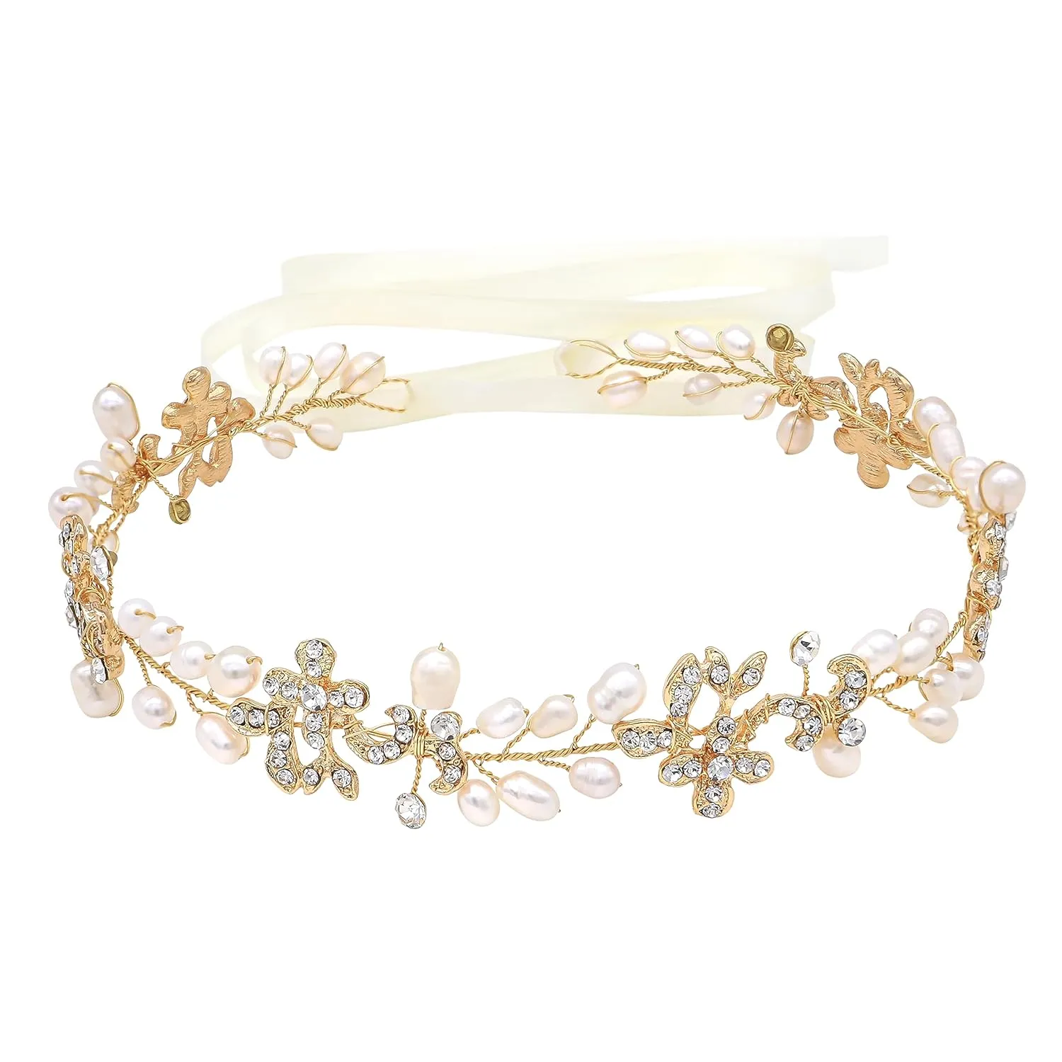 Bridal Headbands With Brilliant Freshwater Pearls Rhinestone Hair Vines Wedding Headpieces Hair Pieces Jewelry For Bride Bridesmaids Prom Hair Accessories With Ivory Ribbons (Gold)