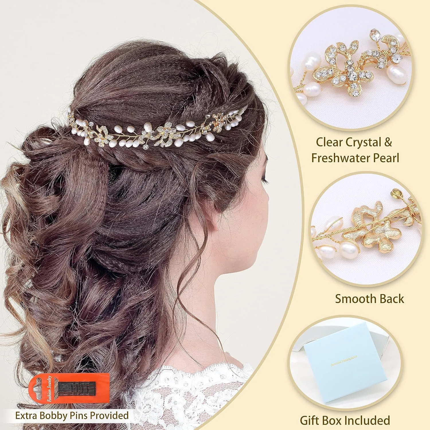 Bridal Headbands With Brilliant Freshwater Pearls Rhinestone Hair Vines Wedding Headpieces Hair Pieces Jewelry For Bride Bridesmaids Prom Hair Accessories With Ivory Ribbons (Gold)