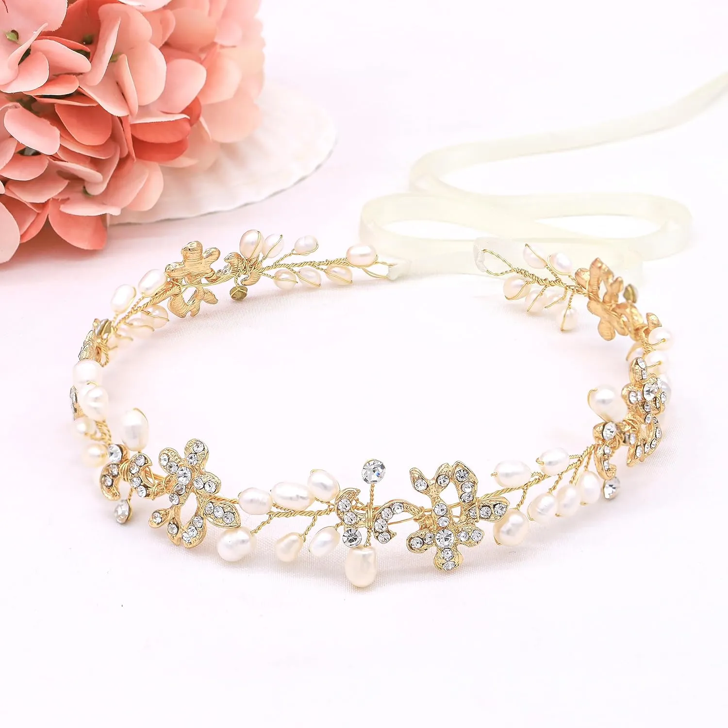 Bridal Headbands With Brilliant Freshwater Pearls Rhinestone Hair Vines Wedding Headpieces Hair Pieces Jewelry For Bride Bridesmaids Prom Hair Accessories With Ivory Ribbons (Gold)