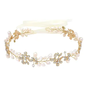Bridal Headbands With Brilliant Freshwater Pearls Rhinestone Hair Vines Wedding Headpieces Hair Pieces Jewelry For Bride Bridesmaids Prom Hair Accessories With Ivory Ribbons (Gold)